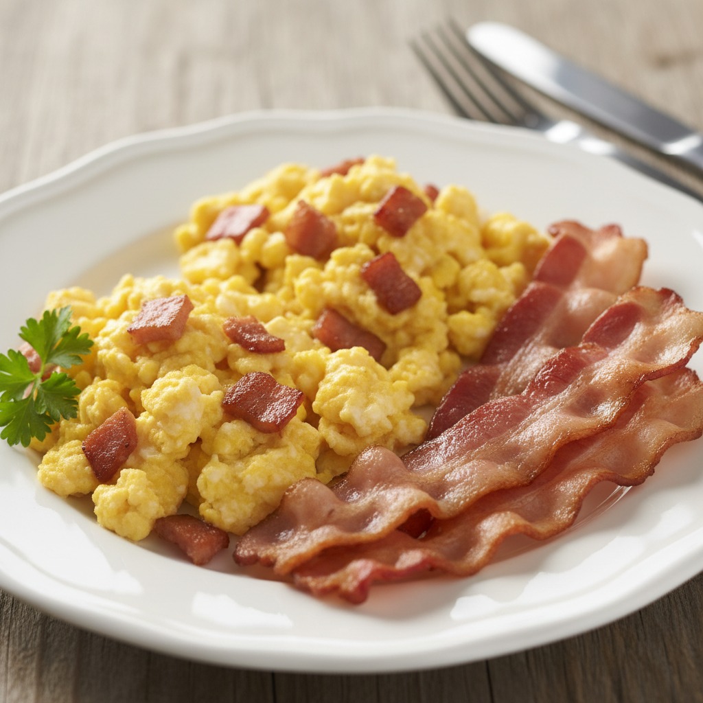 Prato branco com ovos mexidos, pedaços de bacon picados e fatias de bacon grelhado, acompanhado por talheres sobre uma mesa de madeira.