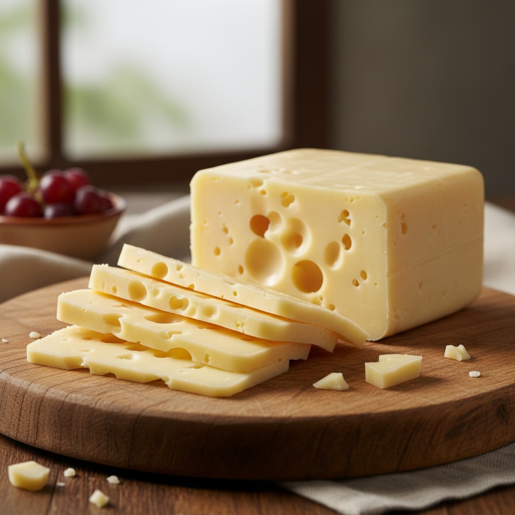 Um bloco de queijo com buracos e fatias cortadas sobre uma tábua de madeira redonda, com uvas vermelhas ao fundo.