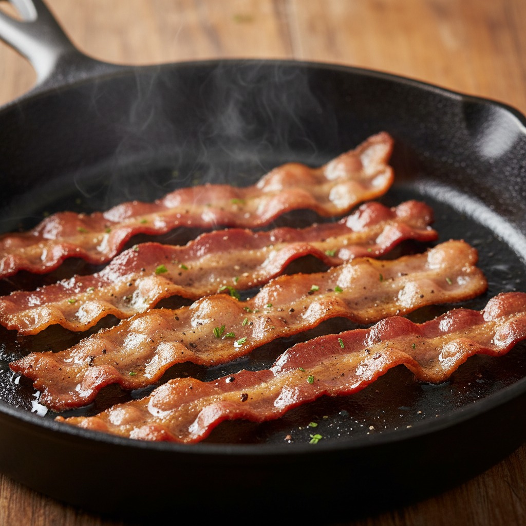 Quatro tiras de bacon douradas e fumegantes fritam em uma frigideira de ferro fundido sobre uma mesa de madeira.