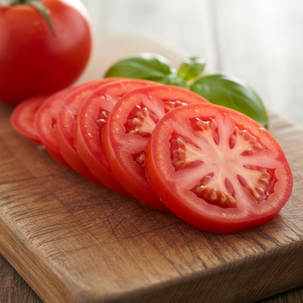 Fatias de tomate fresco e um tomate inteiro organizados sobre uma tábua de madeira com folhas de manjericão.